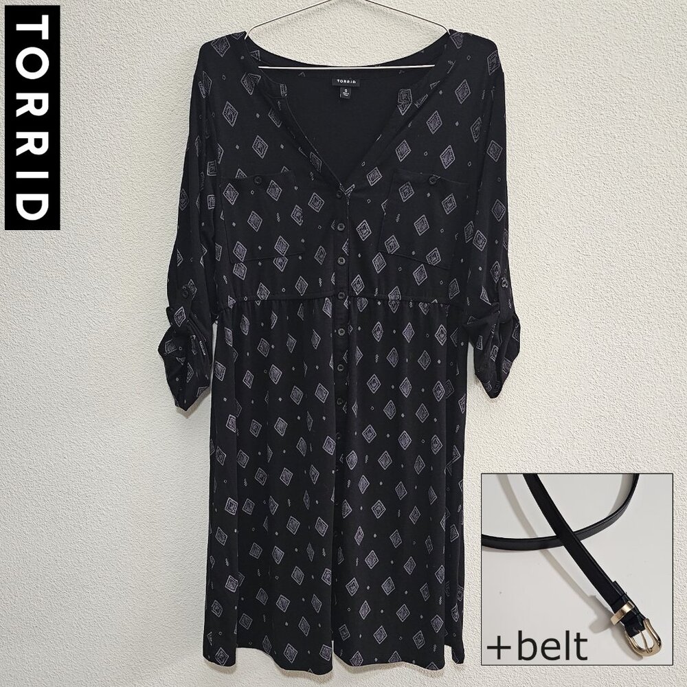 TORRID 0 Black Purple Diamond Aztec Geometric Button Dress Plus Size 12 L